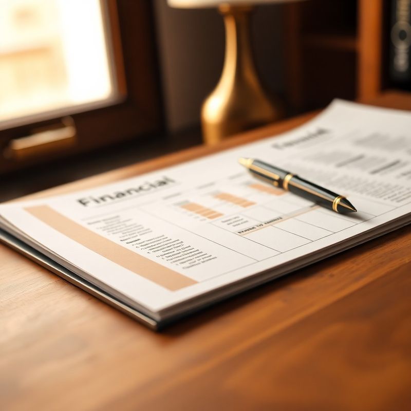 Financial document with notepad and fountain pen on a warm timber desk