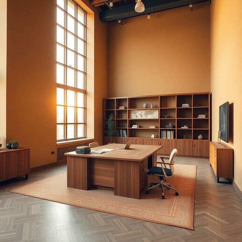 Cluj-Napoca office interior with warm sand walls and olive-toned timber desk