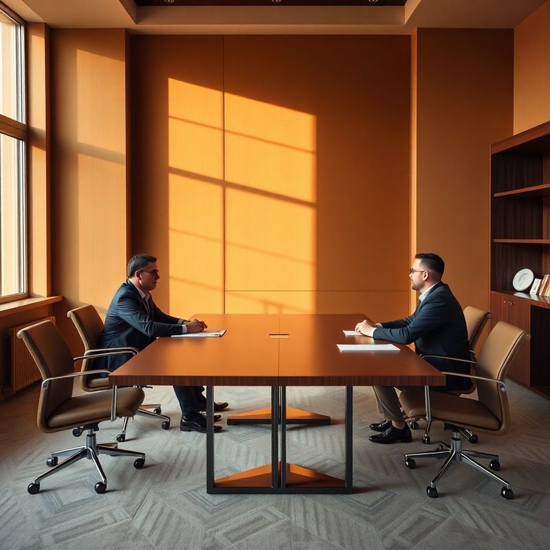 Three professionals seated around an ochre-toned conference table in a Cluj-Napoca boardroom